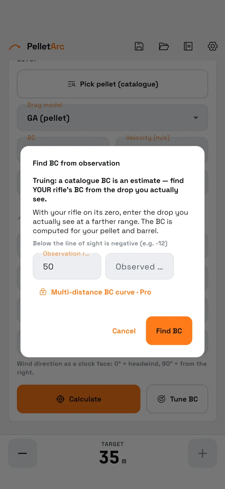 PelletArc BC truing: fit your ballistic coefficient from an observed drop at a known range